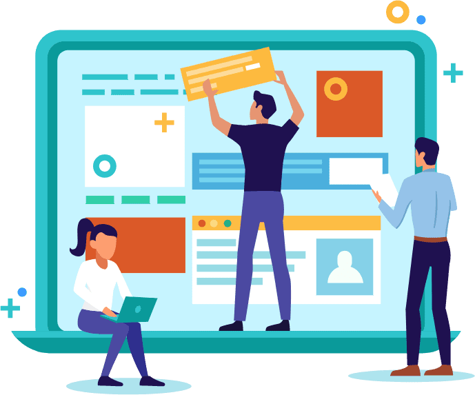 Three people working on a homepage design vector illustration