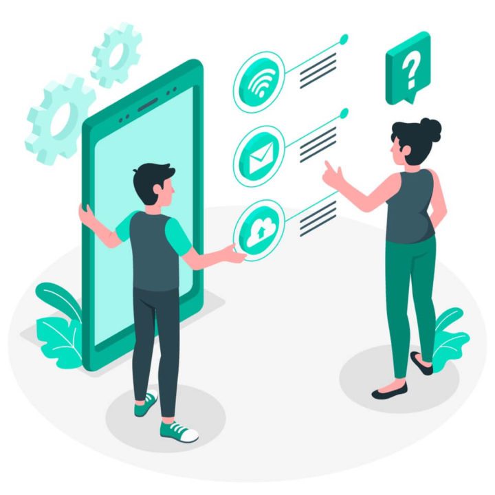 Two persons in front of mobile device choosing features and icons