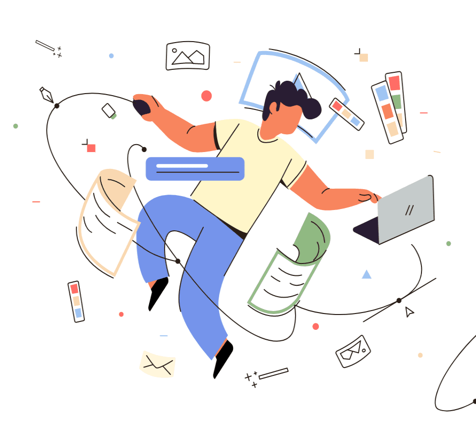 Developer being surrounded by different web development tools