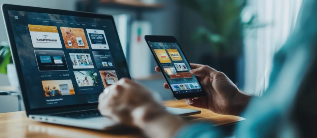 Closeup of a person's hand using a smartphone and laptop