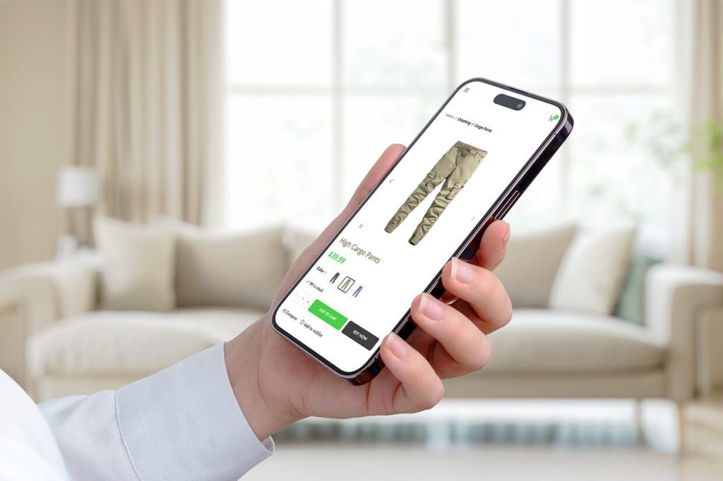 person holding a mobile phone with ecommerce product page