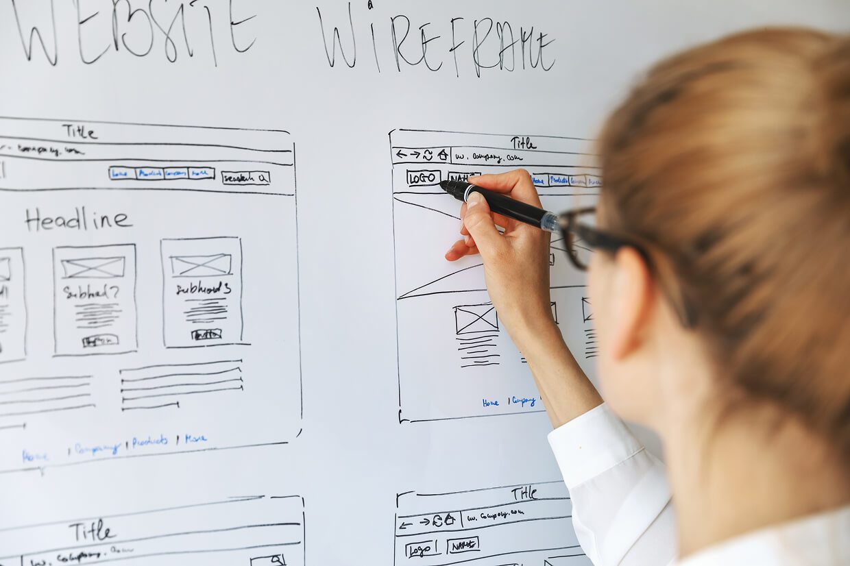 woman drafting ADA compliant wireframes on a whiteboard